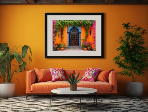 A professionally decorated living room featuring vibrant orange walls and a captivating large painting as the focal point.