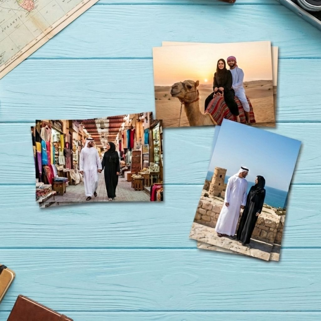Custom photo prints featuring a family on vacation in Saudi Arabia, ideal for affordable gifts from Saudi Arabia, designed as Custom Photo Prints