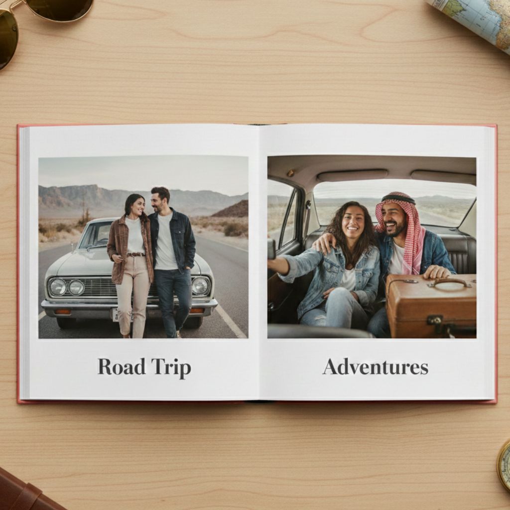 A couple exchanging a gift in Saudi Arabia, a perfect souvenir gift to buy in Saudi Arabia, featuring a Personalized Softcover Photo Book